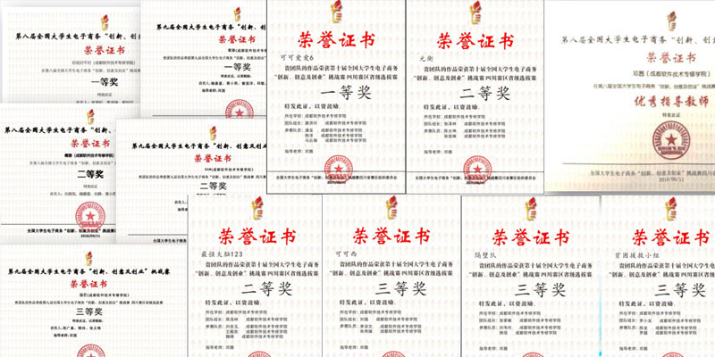 学院学生在各类全国性竞赛中获得的奖项、奖杯和荣誉证书展示